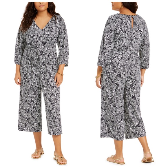 NY Collection Pants - NY Collection Navy & White Tie Front Jumpsuit 1X